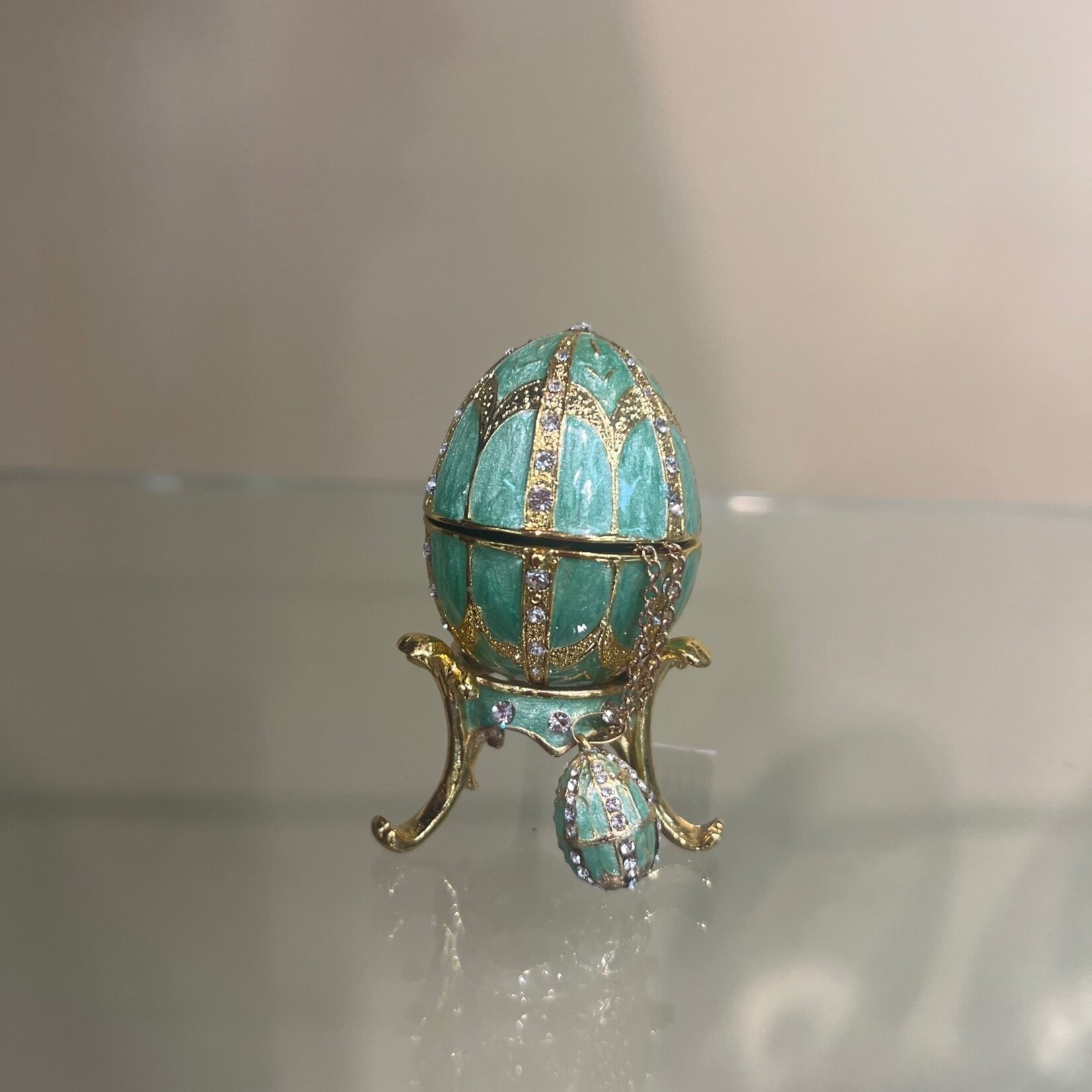 Jeweled Light Green Egg Trinket Box with Necklace