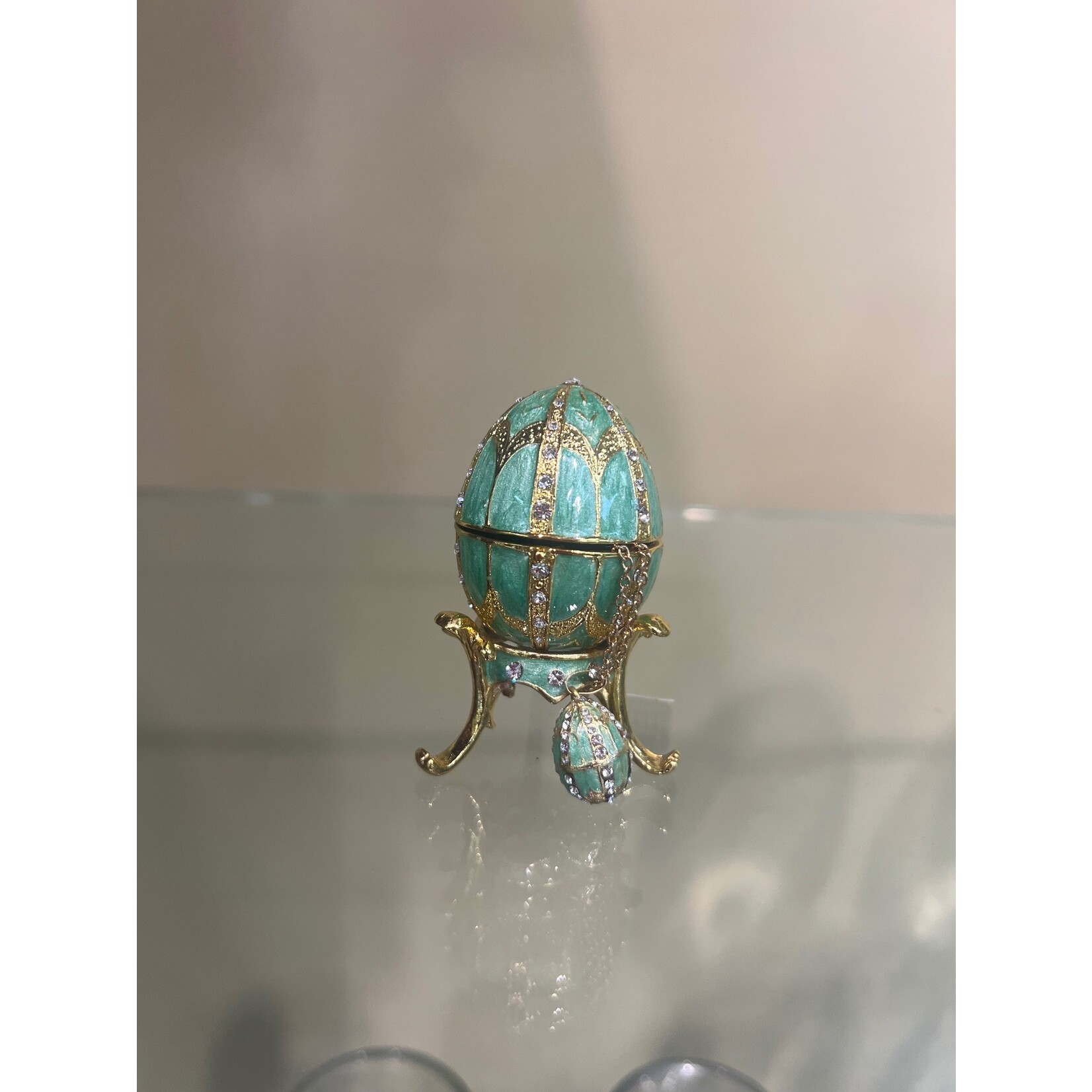 Jeweled Light Green Egg Trinket Box with Necklace