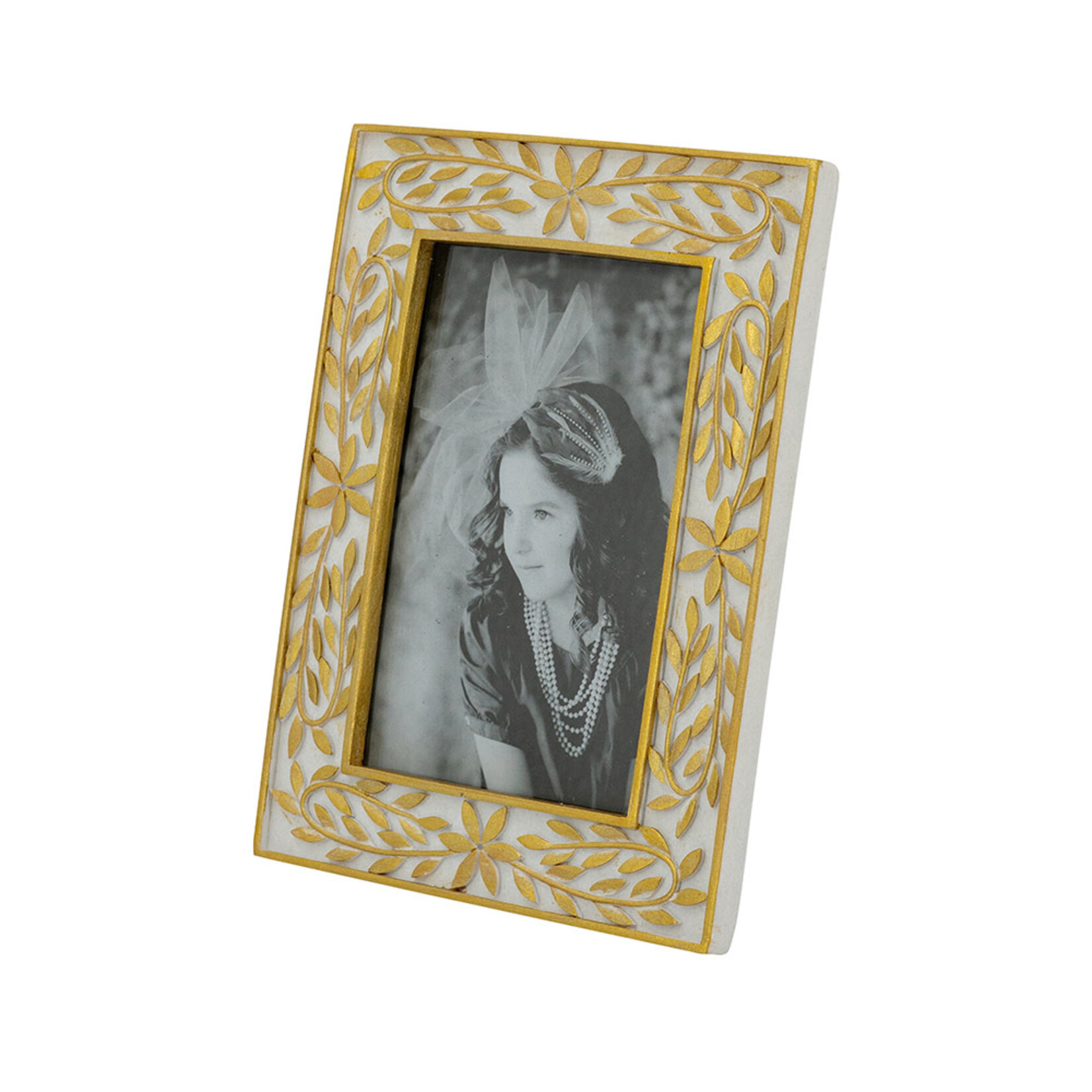 Decorative 6x8" Photo Frame with Gold and White Botanical Design,4x6" Opening