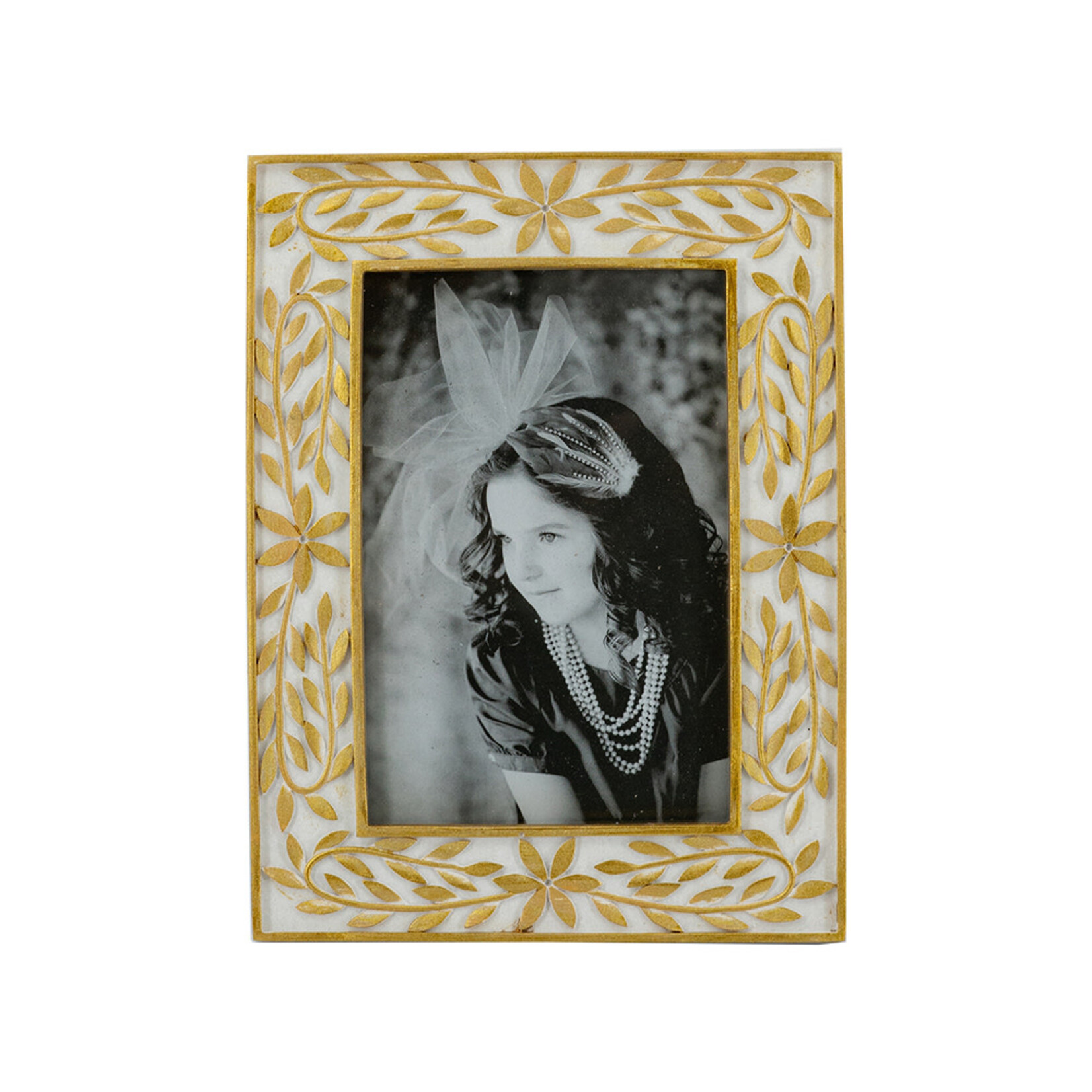 Decorative 6x8" Photo Frame with Gold and White Botanical Design,4x6" Opening