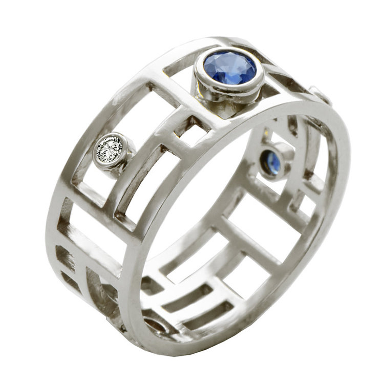 arts and crafts 14k white gold arts and crafts ring small with sapphires and diamonds