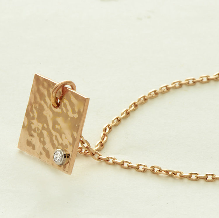 minimal 14k gold hammered minimal medium square pendant with diamond