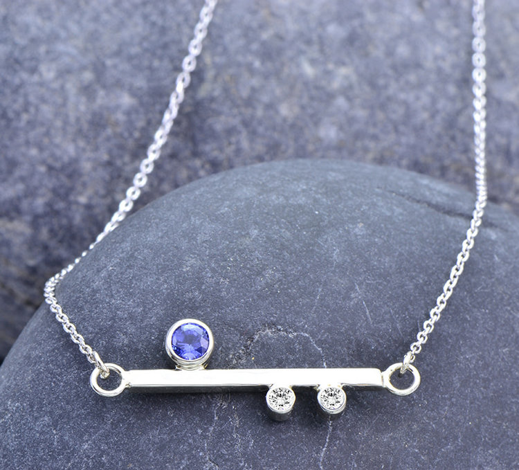 minimal 0.30ct sapphire and diamond 14k white x axis bar pendant