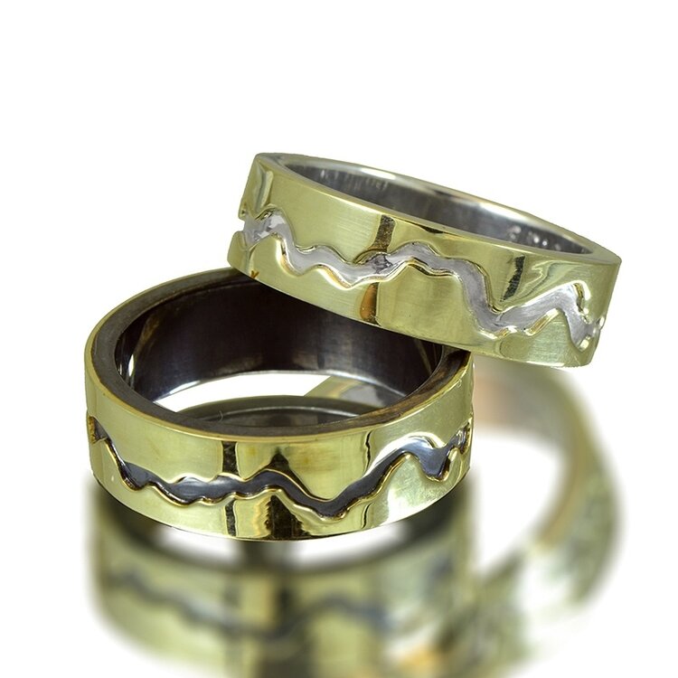 rings sterling/14k  gold river sleeve laminate carbon