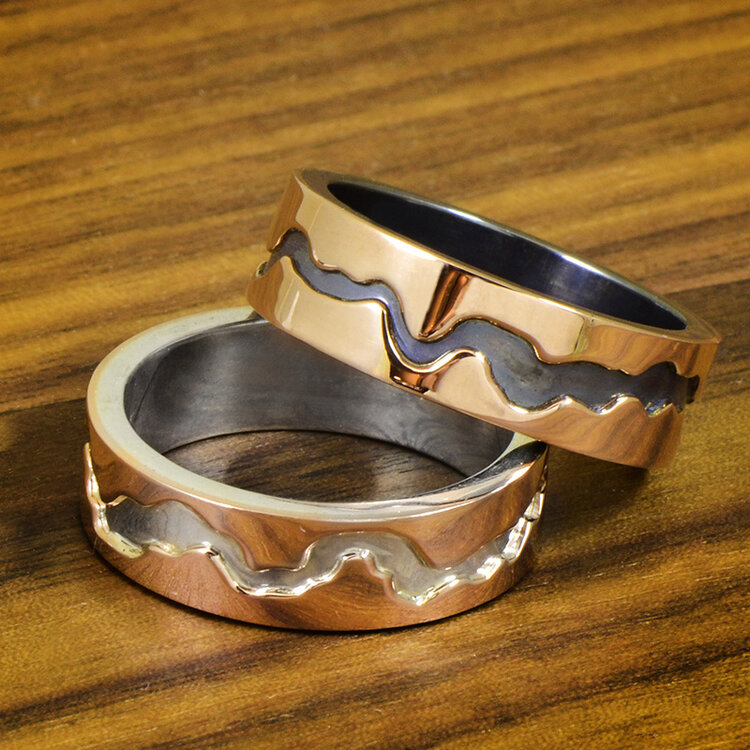 rings sterling/14k  gold river sleeve laminate carbon