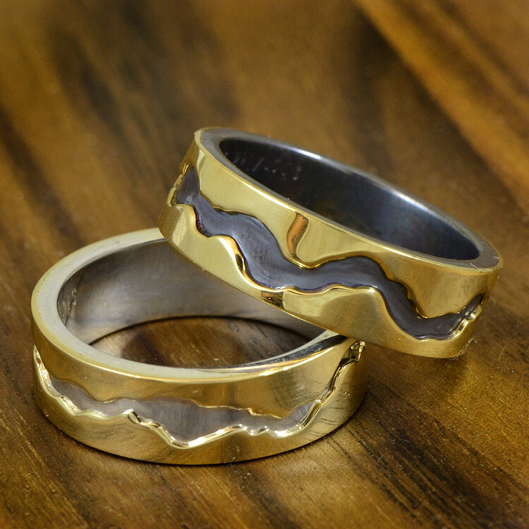 rings sterling/14k  gold river sleeve laminate carbon