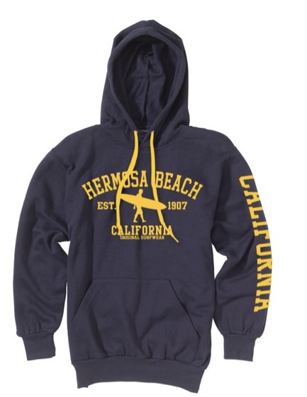 Hermosa Beach SWEATER HOODIE W POCKET FLEECE NAVY YELLOW SURFER - TREASURE  CHEST (Doing It With Love Inc. business)