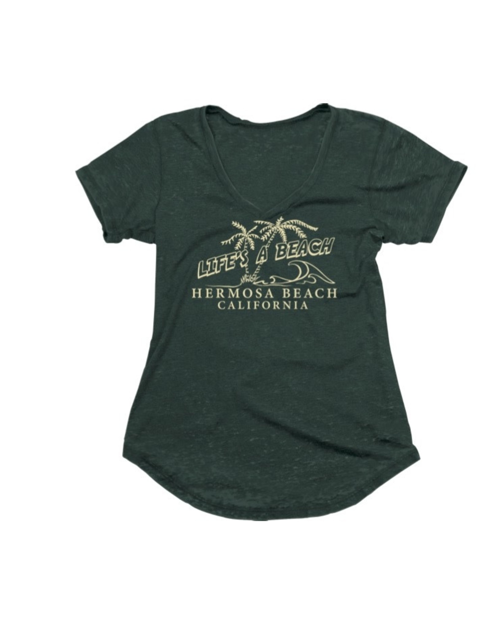 Techstyles #913 LADIES SS VNECK TEE LIFES A BEACH BASIL