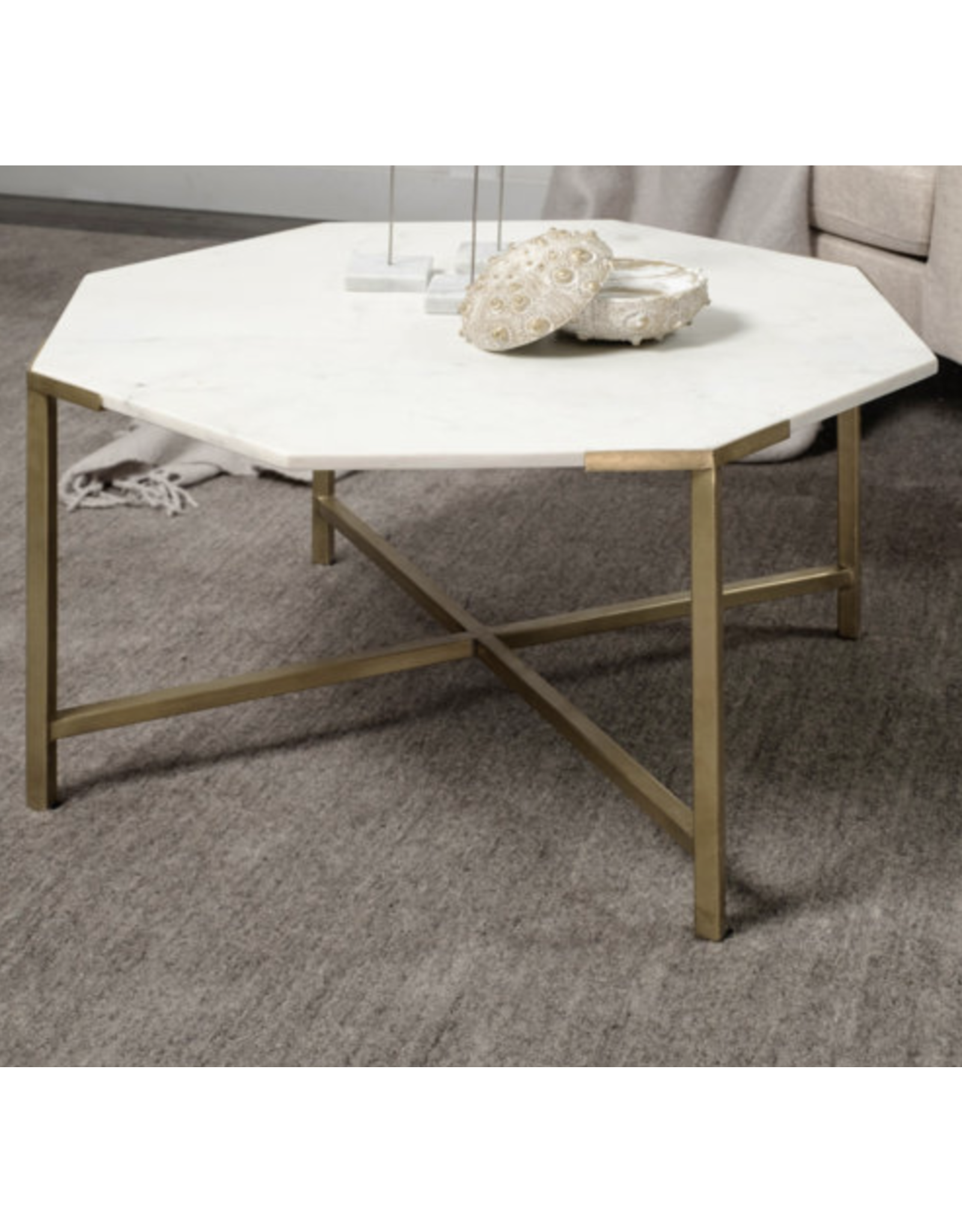 Vincent 33" Octagonal White Marble Top Gold Metal Base Coffee Table