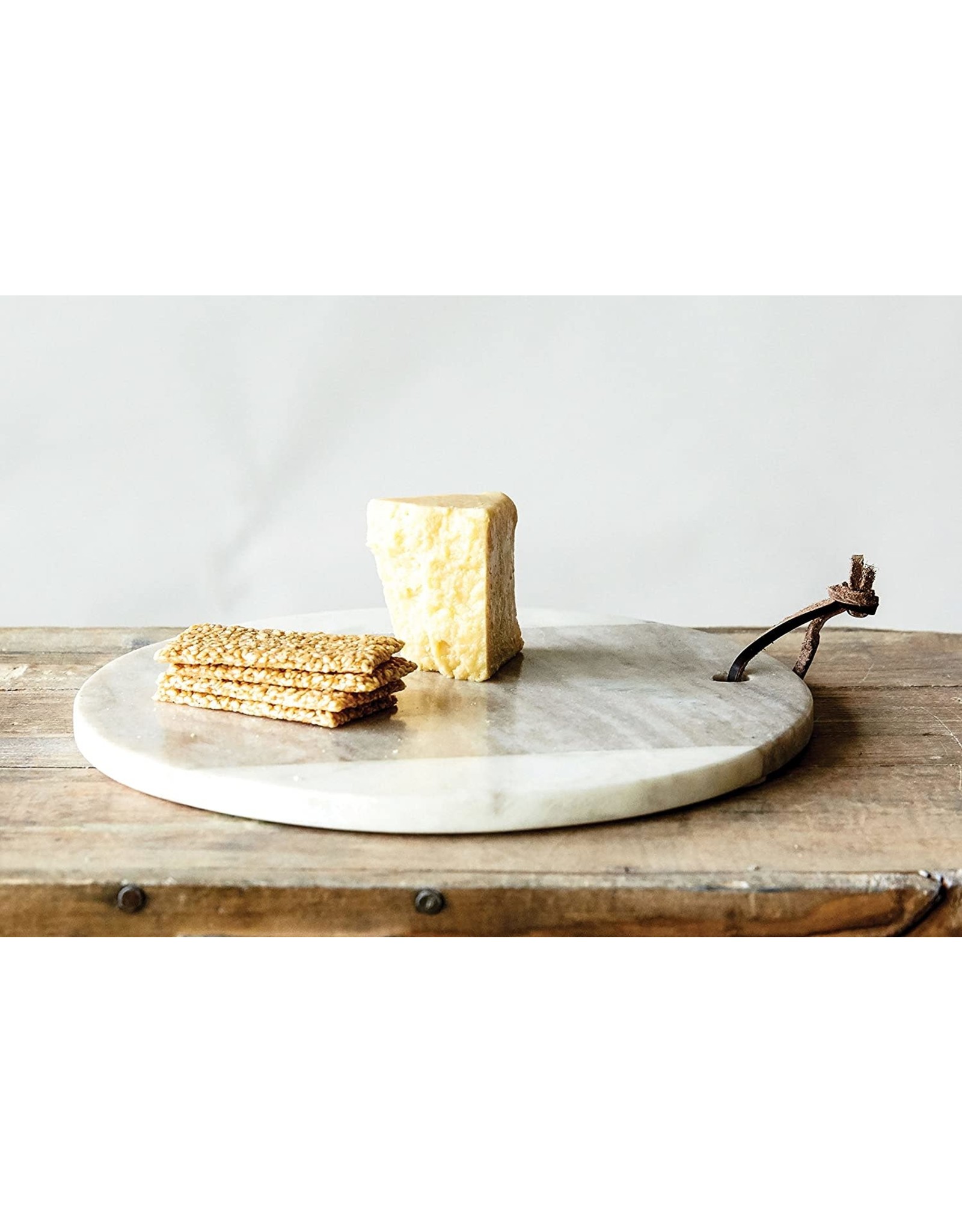 9" Round Marble Cheese/Cutting Board w/ Leather Tie, Grey & White