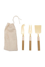 Stainless Steel Cheese Knives w/ Resin & Pine Wood Handles, Brass Finish, Set of 3