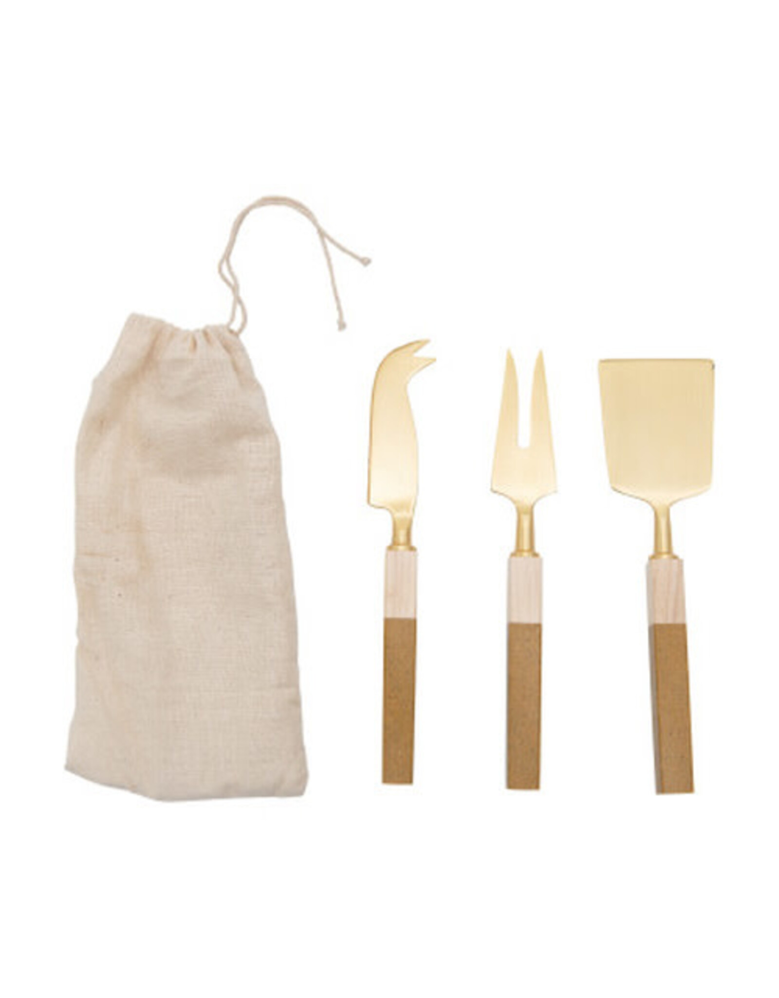 Stainless Steel Cheese Knives w/ Resin & Pine Wood Handles, Brass Finish, Set of 3