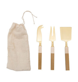 Stainless Steel Cheese Knives w/ Resin & Pine Wood Handles, Brass Finish, Set of 3