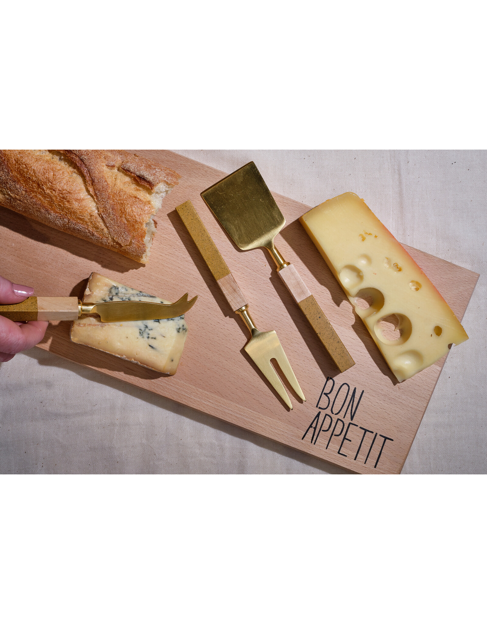 Stainless Steel Cheese Knives w/ Resin & Pine Wood Handles, Brass Finish, Set of 3