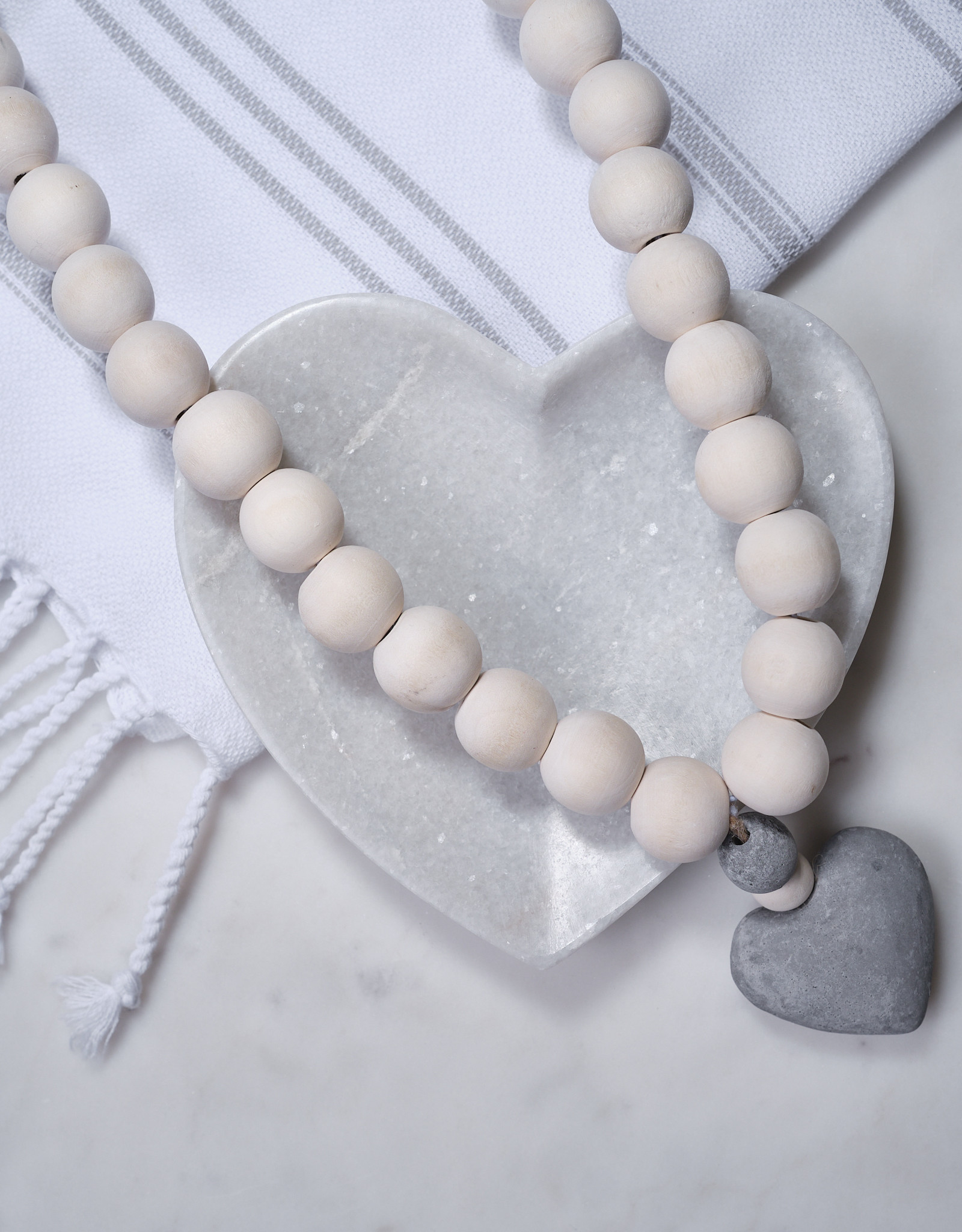 Wooden Prayer Beads - Natural/Grey Heart