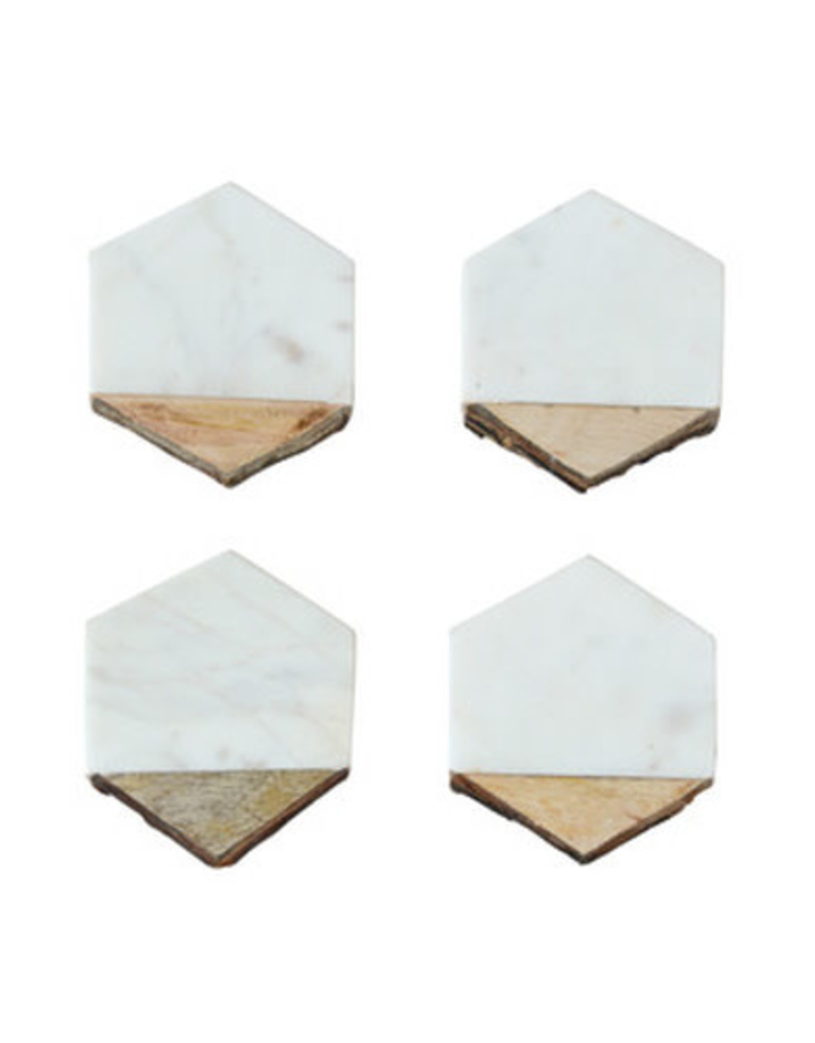 Marble w/ Mango Wood Coasters w/ Bark Edge, White, S/4