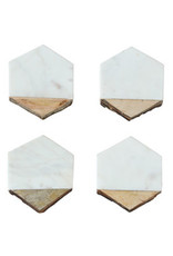 Marble w/ Mango Wood Coasters w/ Bark Edge, White, S/4