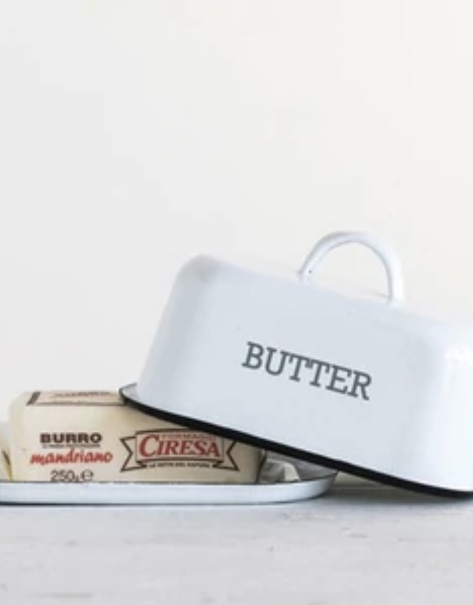 Enamelled Butter Dish, White w/ Black Rim