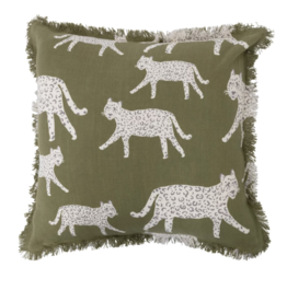 Cotton Pillow with Jaguars and Fringe