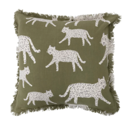 Cotton Pillow with Jaguars and Fringe