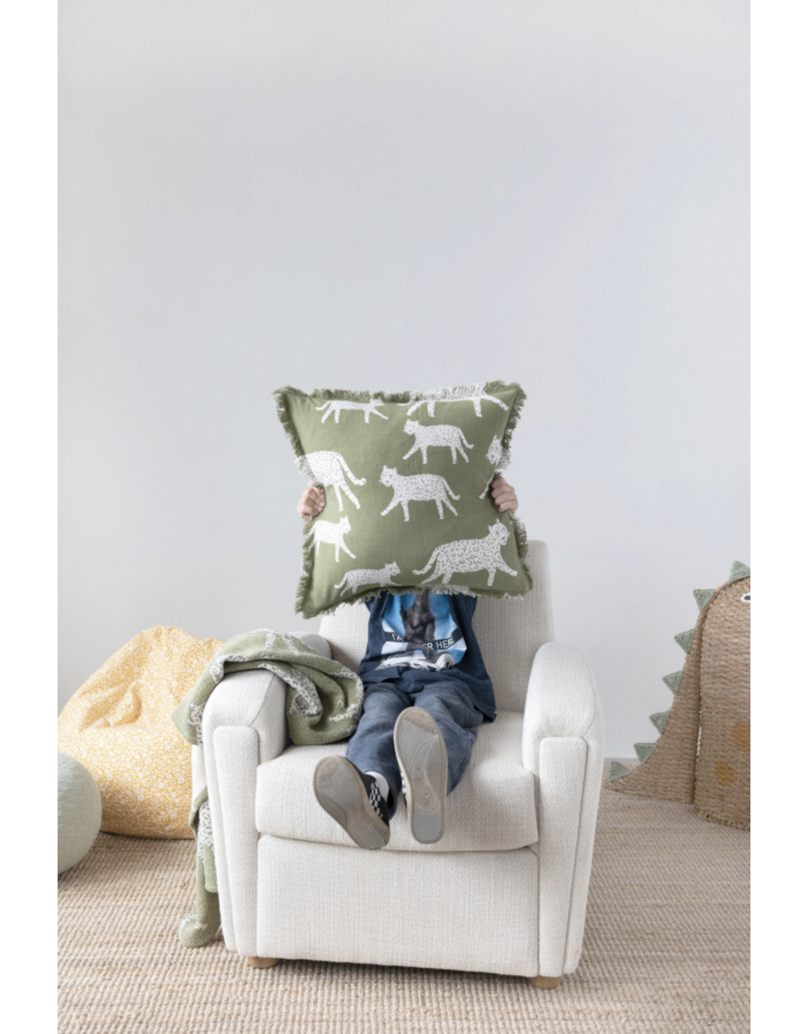 Cotton Pillow with Jaguars and Fringe