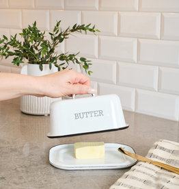 Enamelled Butter Dish, White w/ Black Rim