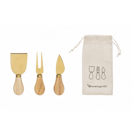 Stainless Steel Cheese Utensils w/ Oak Wood Handles, S/3