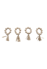 Natural Wood Bead Napkin Rings with Raffia Tassel, S/4
