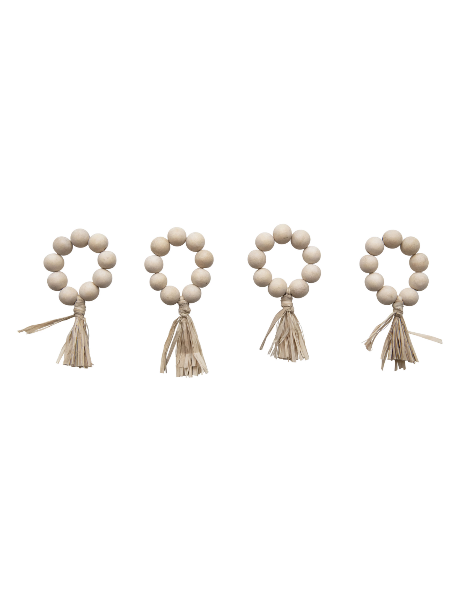 Natural Wood Bead Napkin Rings with Raffia Tassel, S/4