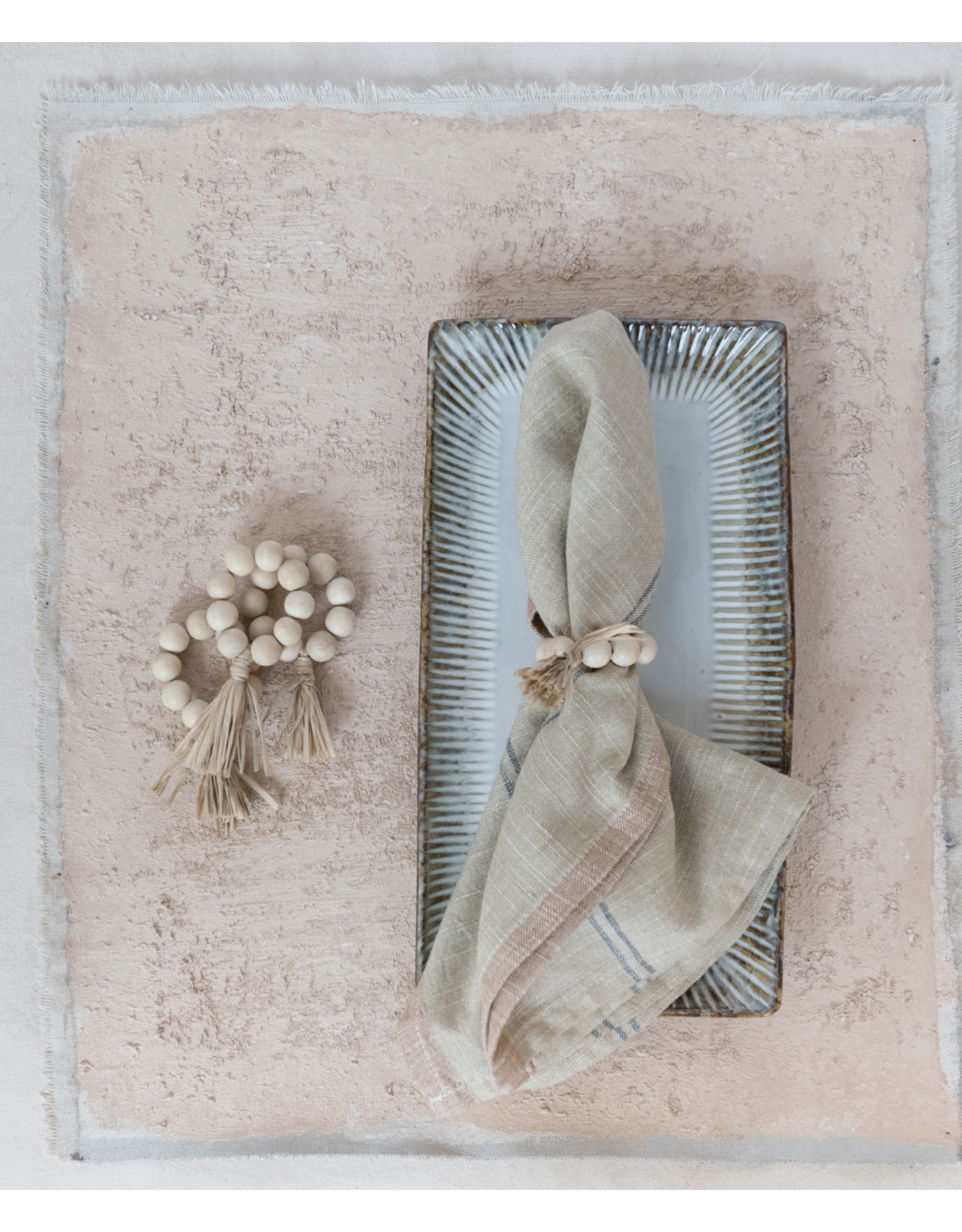 Natural Wood Bead Napkin Rings with Raffia Tassel, S/4