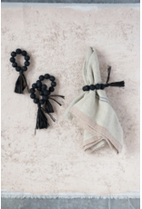 Black Wood Bead Napkin Rings with Raffia Tassel, S/4