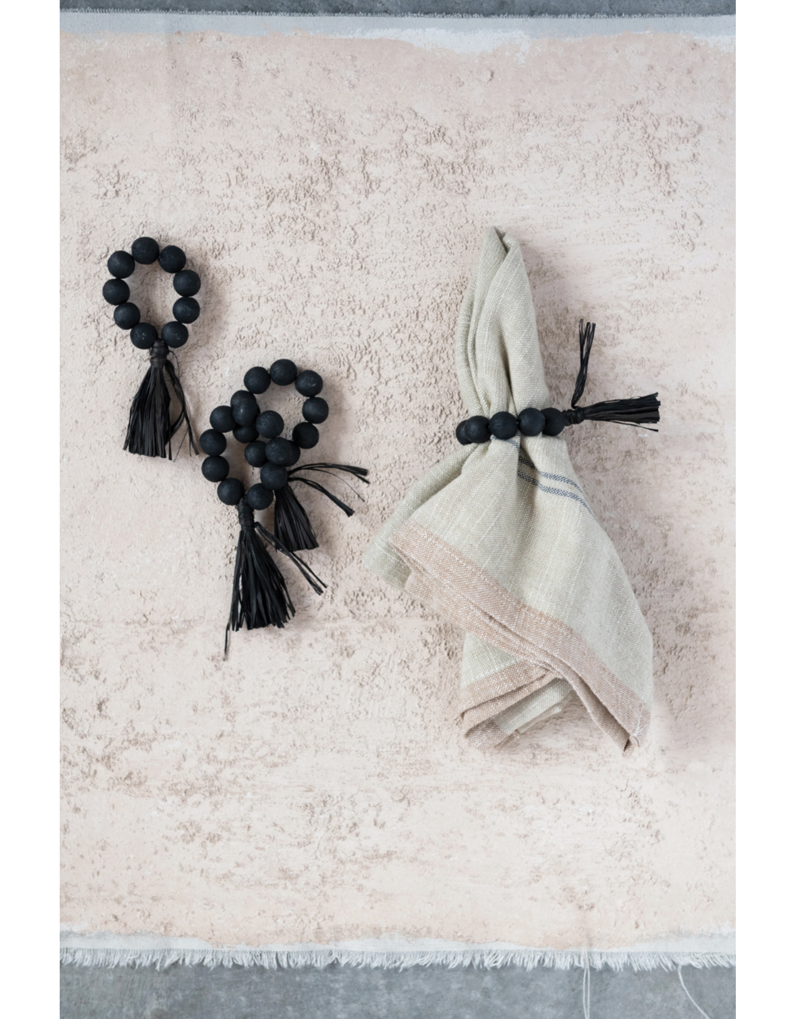 Black Wood Bead Napkin Rings with Raffia Tassel, S/4