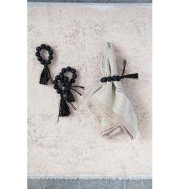 Black Wood Bead Napkin Rings with Raffia Tassel, S/4