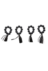 Black Wood Bead Napkin Rings with Raffia Tassel, S/4