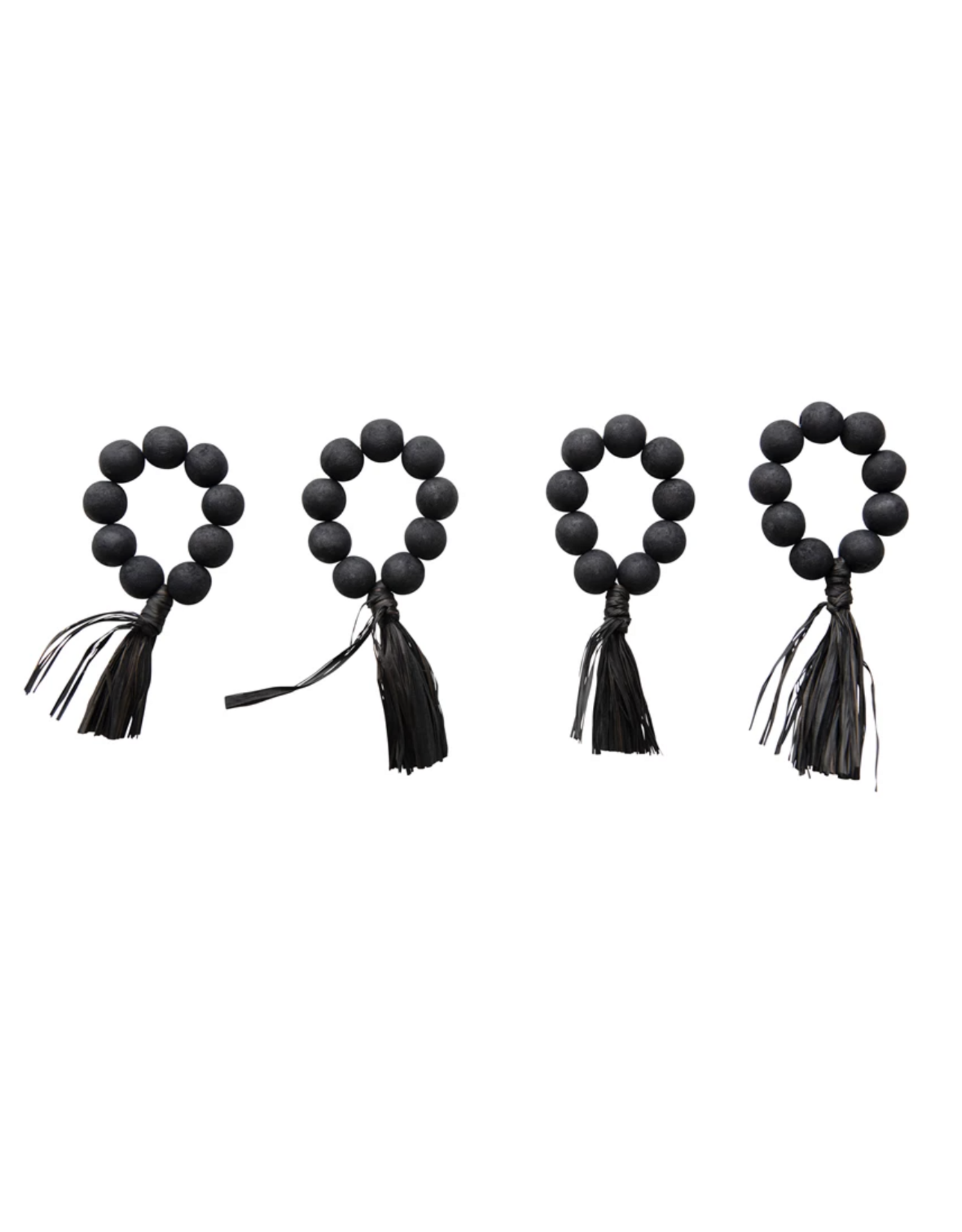 Black Wood Bead Napkin Rings with Raffia Tassel, S/4
