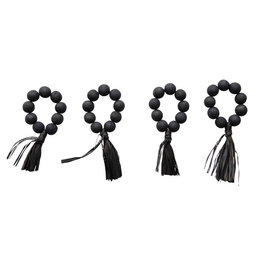 Black Wood Bead Napkin Rings with Raffia Tassel, S/4