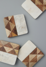 White Marble & Wood Mosaic Square Coasters, S/4