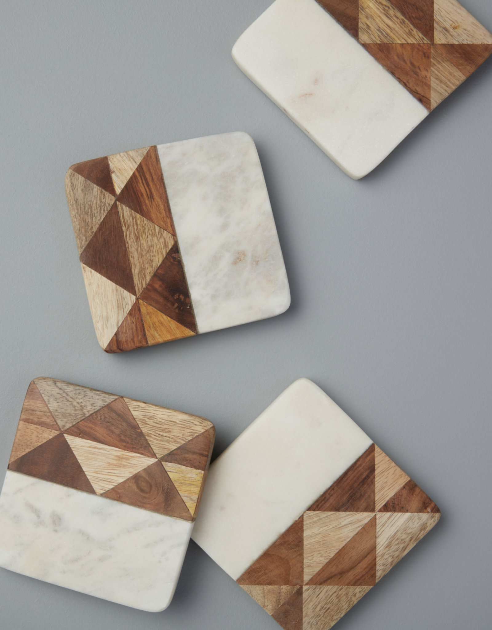 White Marble & Wood Mosaic Square Coasters, S/4