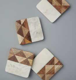 White Marble & Wood Mosaic Square Coasters, S/4