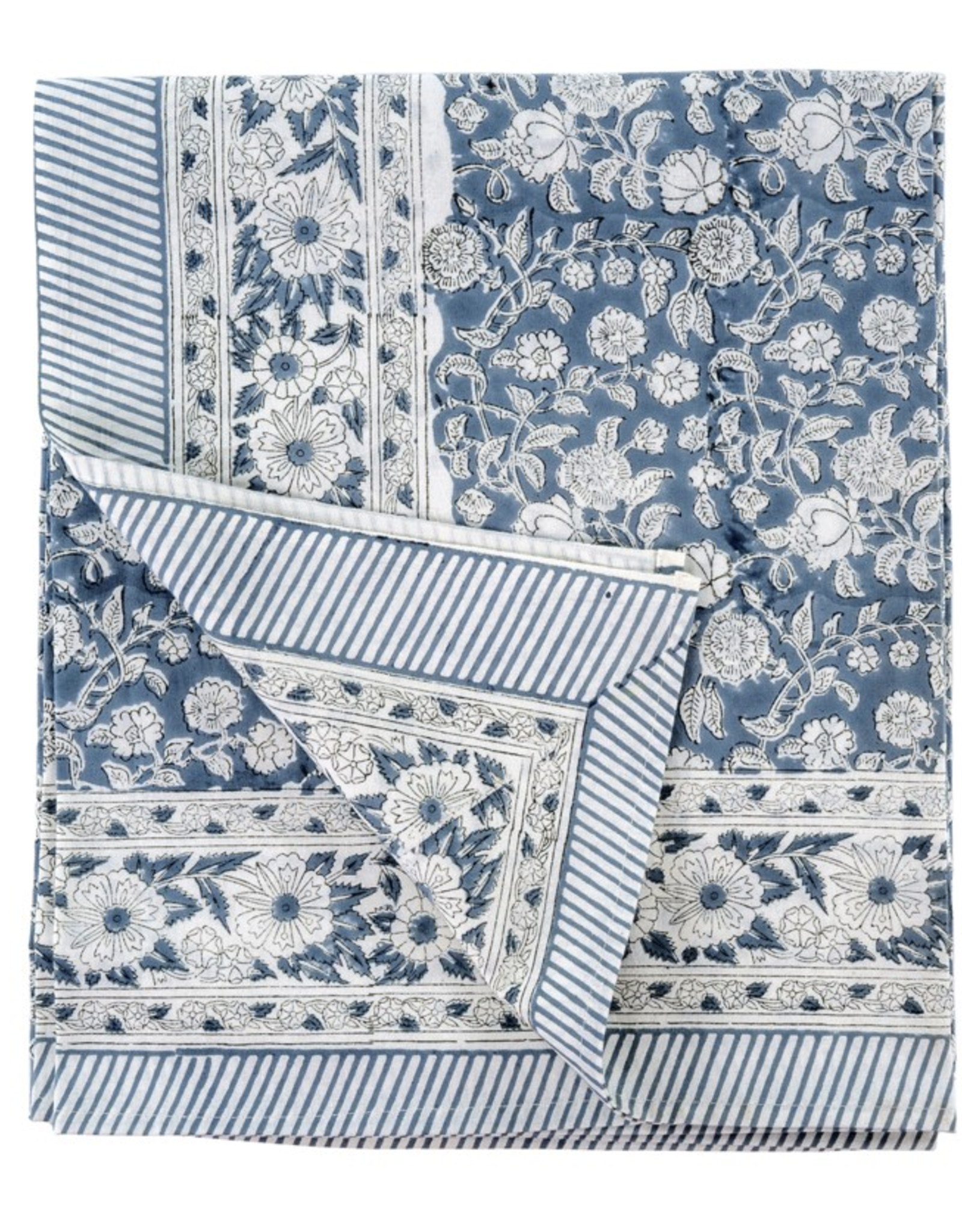 Primrose Block Print Tablecloth, Grey Blue 90x60