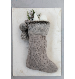 Cotton Knit Stocking w/ Faux Fur Cuff and Pom Poms, Taupe
