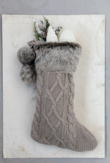 Cotton Knit Stocking w/ Faux Fur Cuff and Pom Poms, Taupe