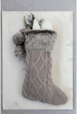 Cotton Knit Stocking w/ Faux Fur Cuff and Pom Poms, Taupe