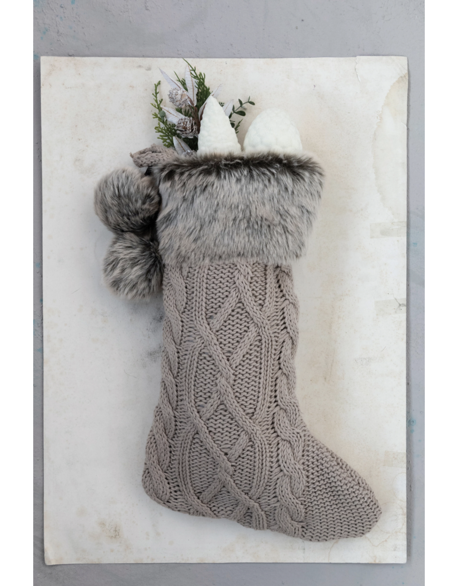 Cotton Knit Stocking w/ Faux Fur Cuff and Pom Poms, Taupe