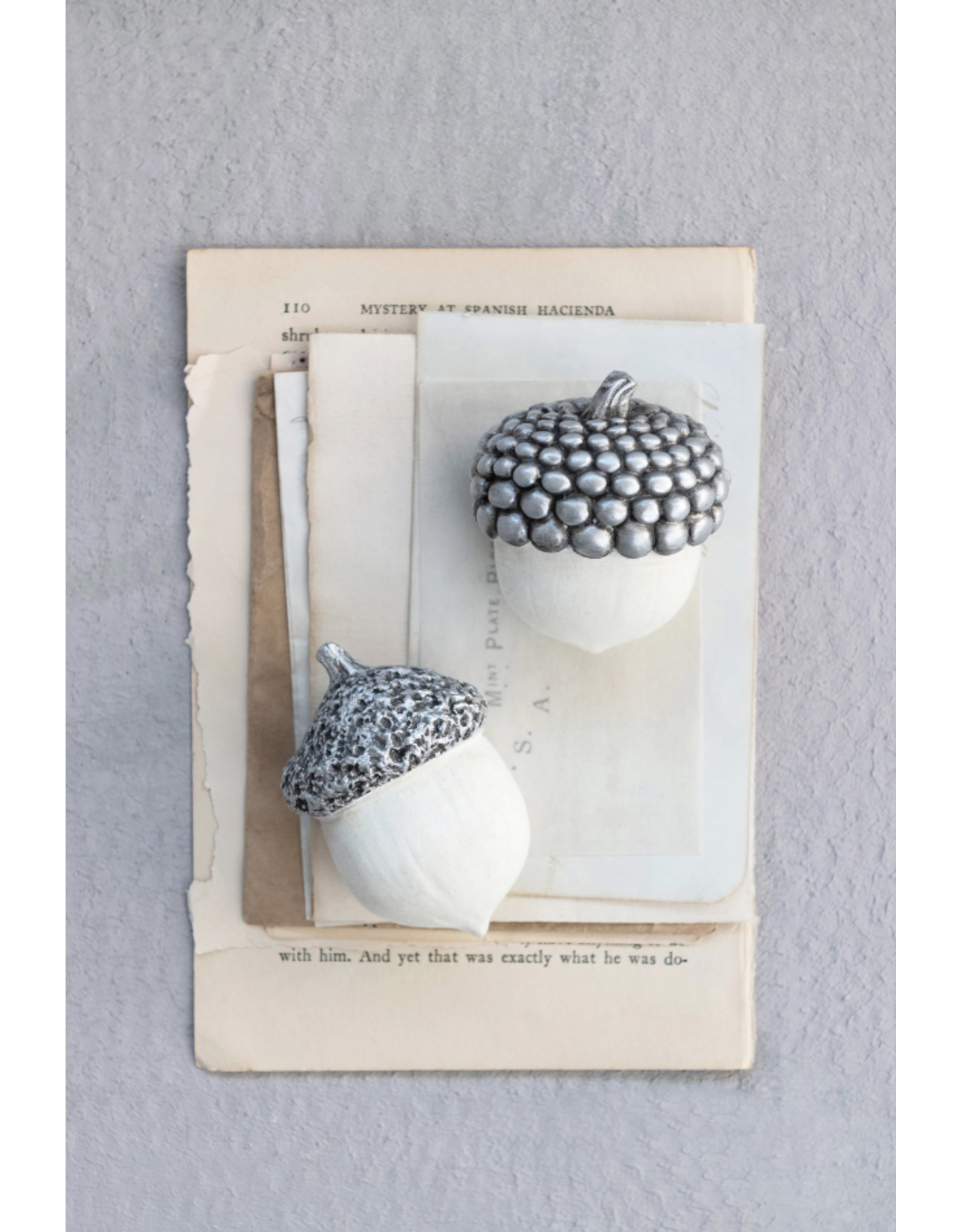 Flocked Resin Acorn, White and Pewter Finish, 2 Styles
