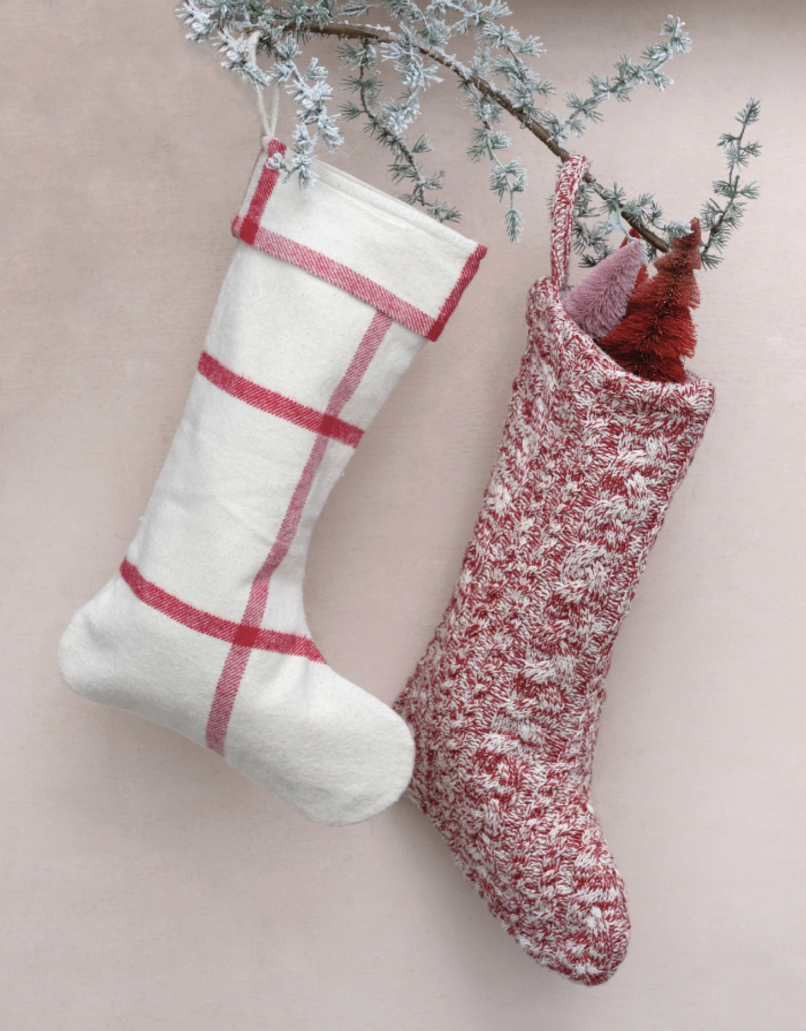20"H Cotton Flannel Stocking with Grid Pattern, Cream Color and Red