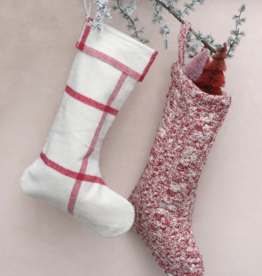 20"H Cotton Flannel Stocking with Grid Pattern, Cream Color and Red