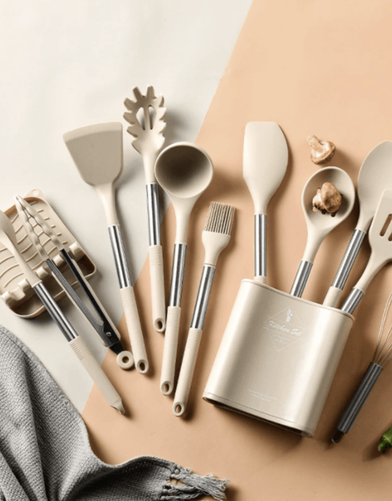 13pcs Stainless Steel Silicone Utensils Set, Khaki