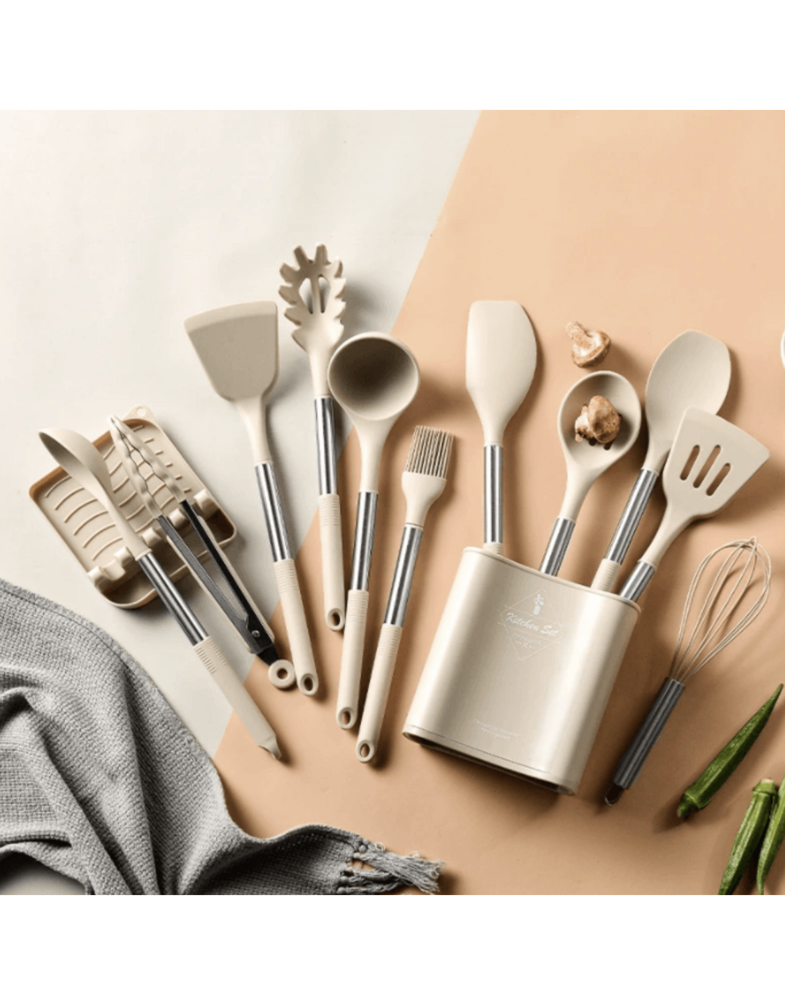13pcs Stainless Steel Silicone Utensils Set, Khaki