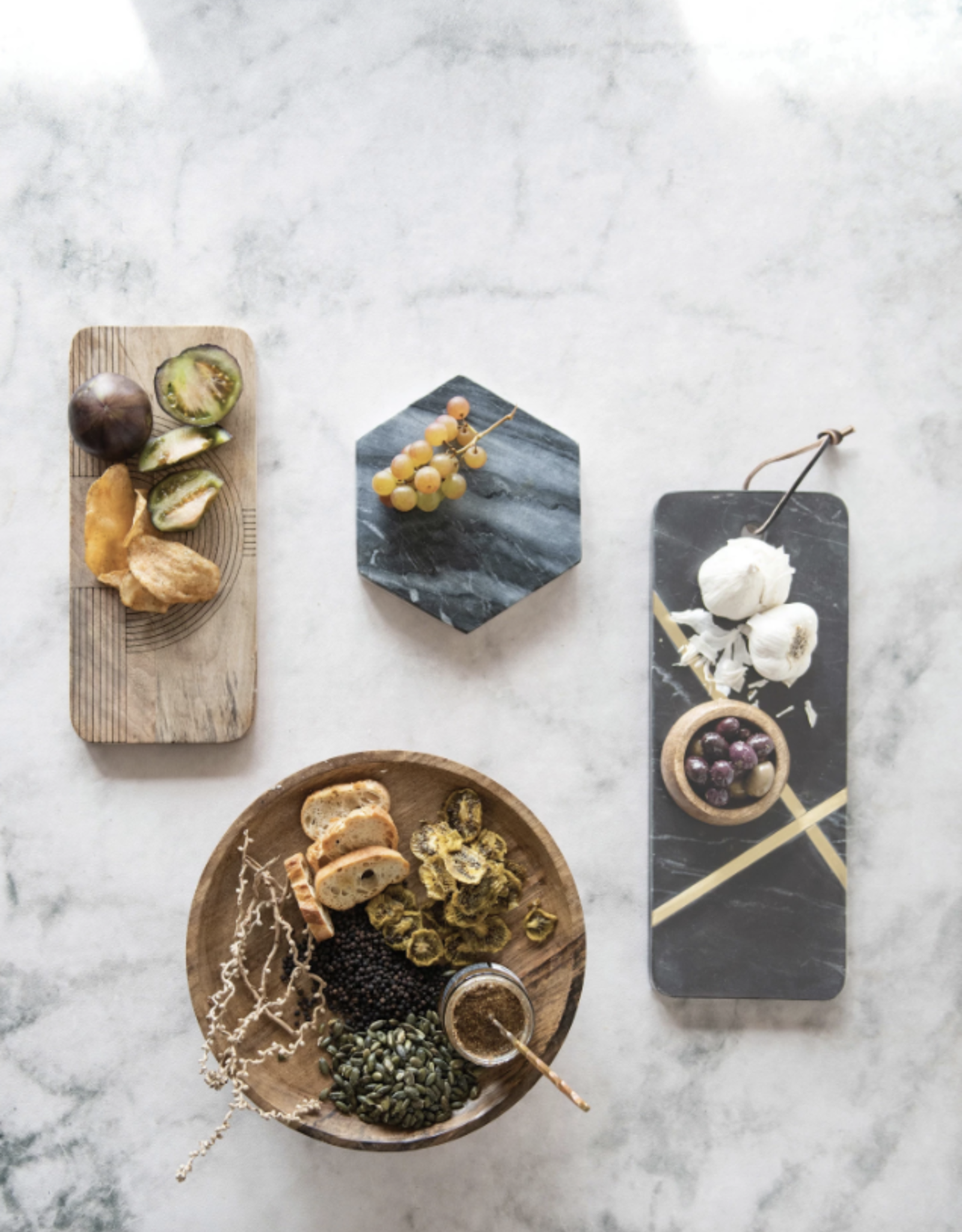 Marble Cutting Board with Brass Inlay, Leather Tie